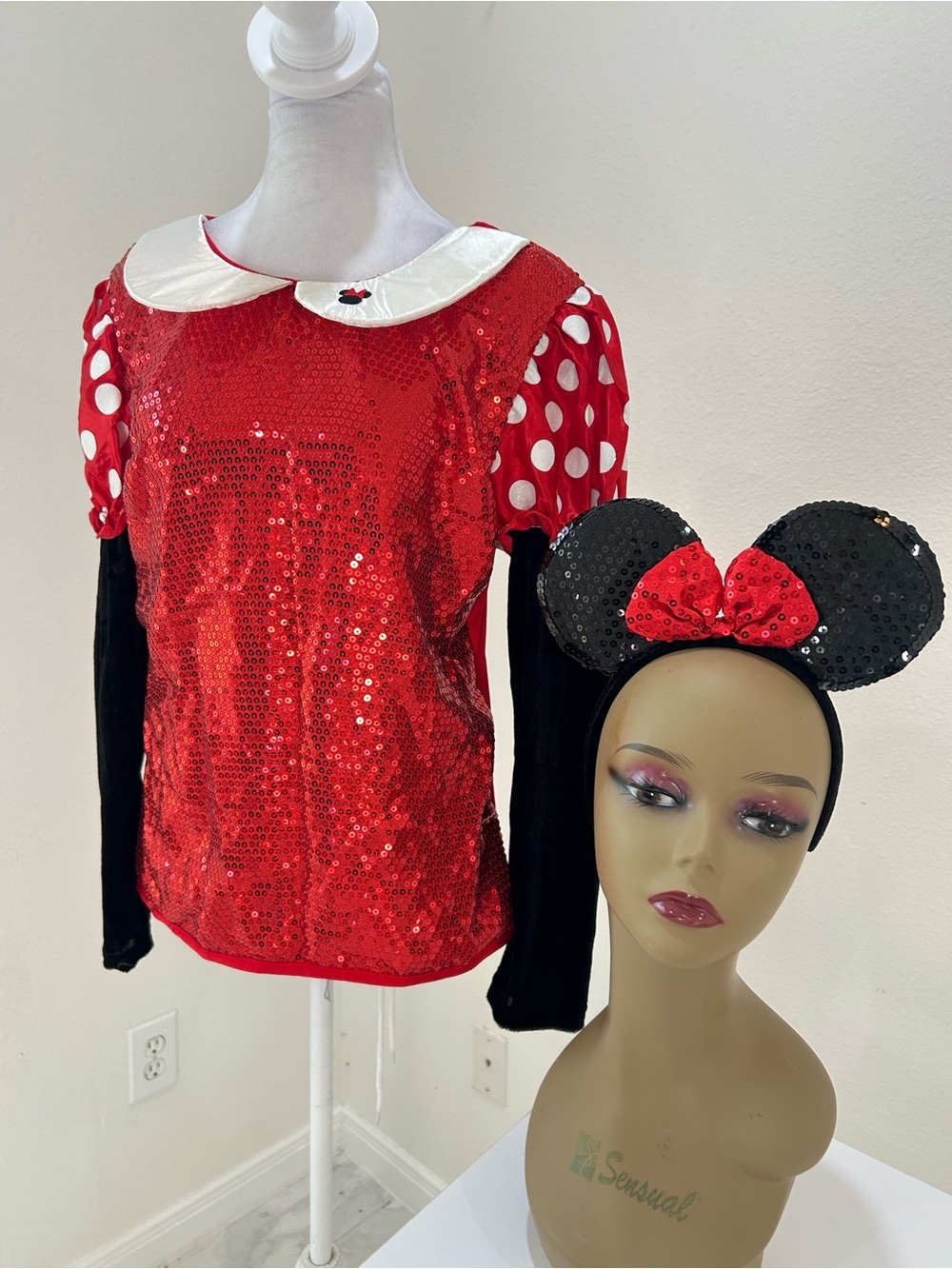 Disney Sequin Minnie Mouse Halloween Costume Top with Ears Headband, Size L/XL